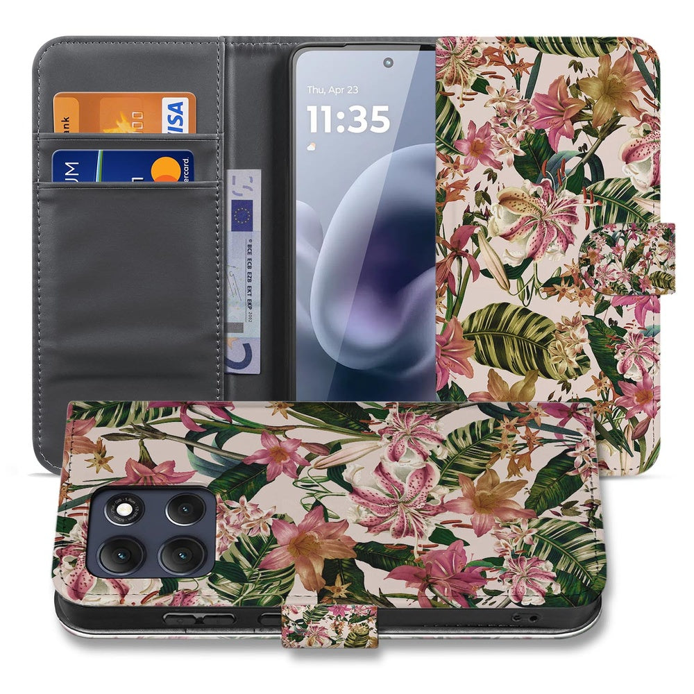 Motorola Moto G86 Bookcase Paars Wit Bloemen Voorzijde met Pasjes.