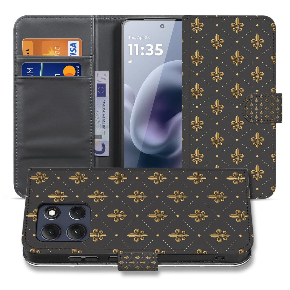 Motorola Moto G86 Book Case Franse Lelie Bruin Goud binnenkant met pasjes.