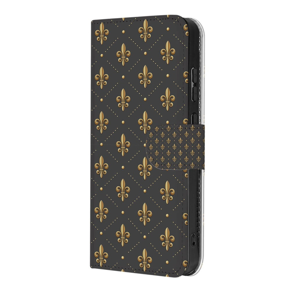 Book Case Motorola Moto G86 Franse Lelie Bruin Goud ontwerp zijaanzicht.