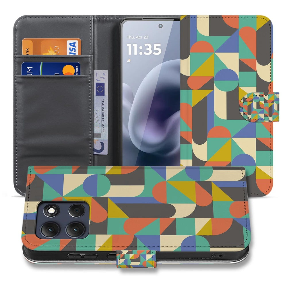 Motorola Moto G86 Book Case Hoesje Funky Retro geometrisch design voorkant en binnenkant met pasjes.