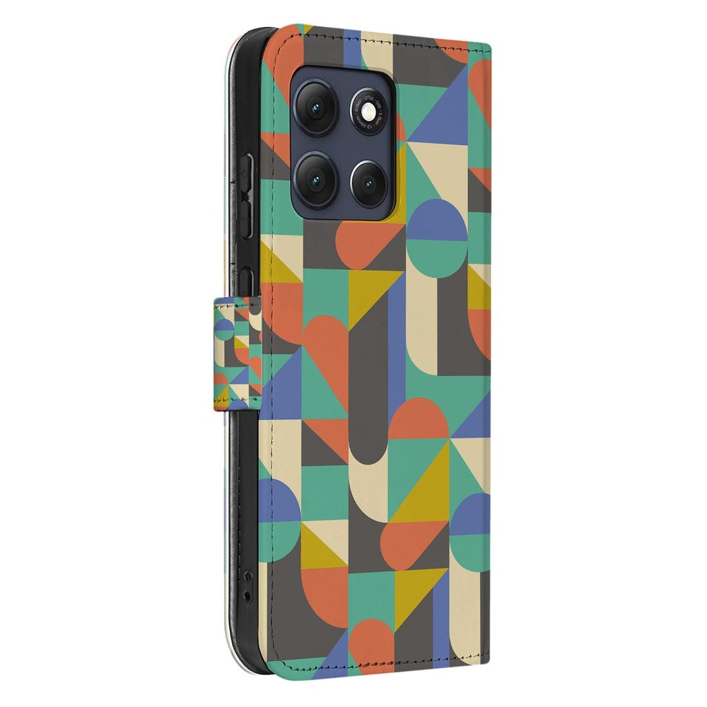 Motorola Moto G86 Book Case Hoesje Funky Retro kleurrijk geometrisch ontwerp detail.