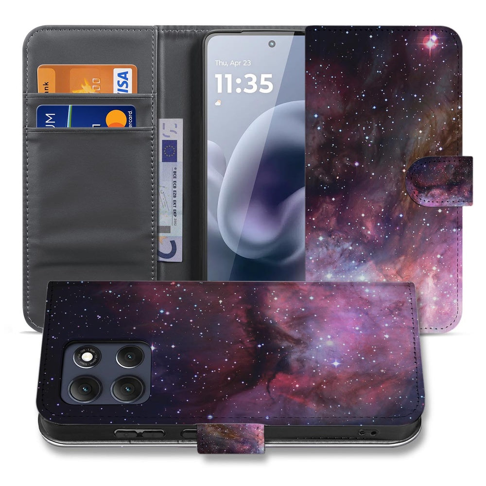 Motorola Moto G86 Bookcase Hoesje Heelal Design Aanzicht detail binnenkant met pasjes.