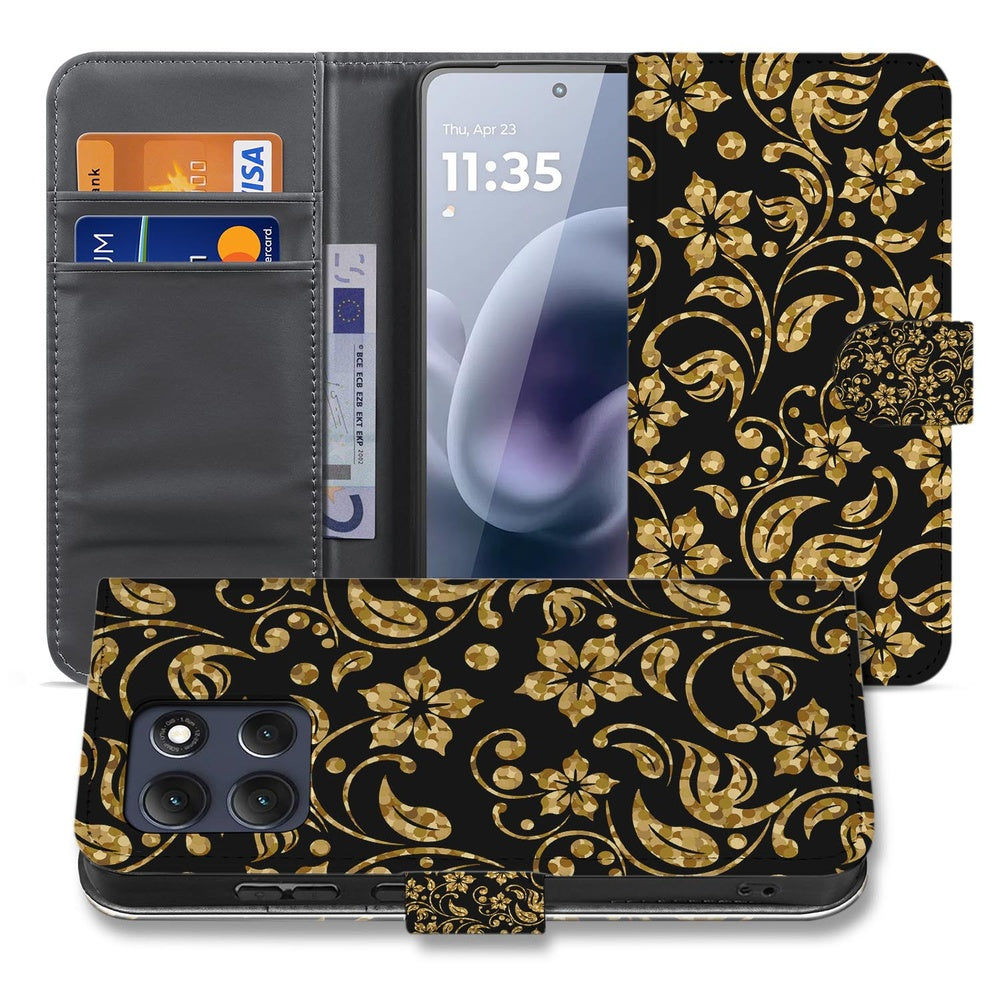 Motorola Moto G86 Hoesje Gouden Bloemen Book Case Gouden Bloemen Vooraanzicht.