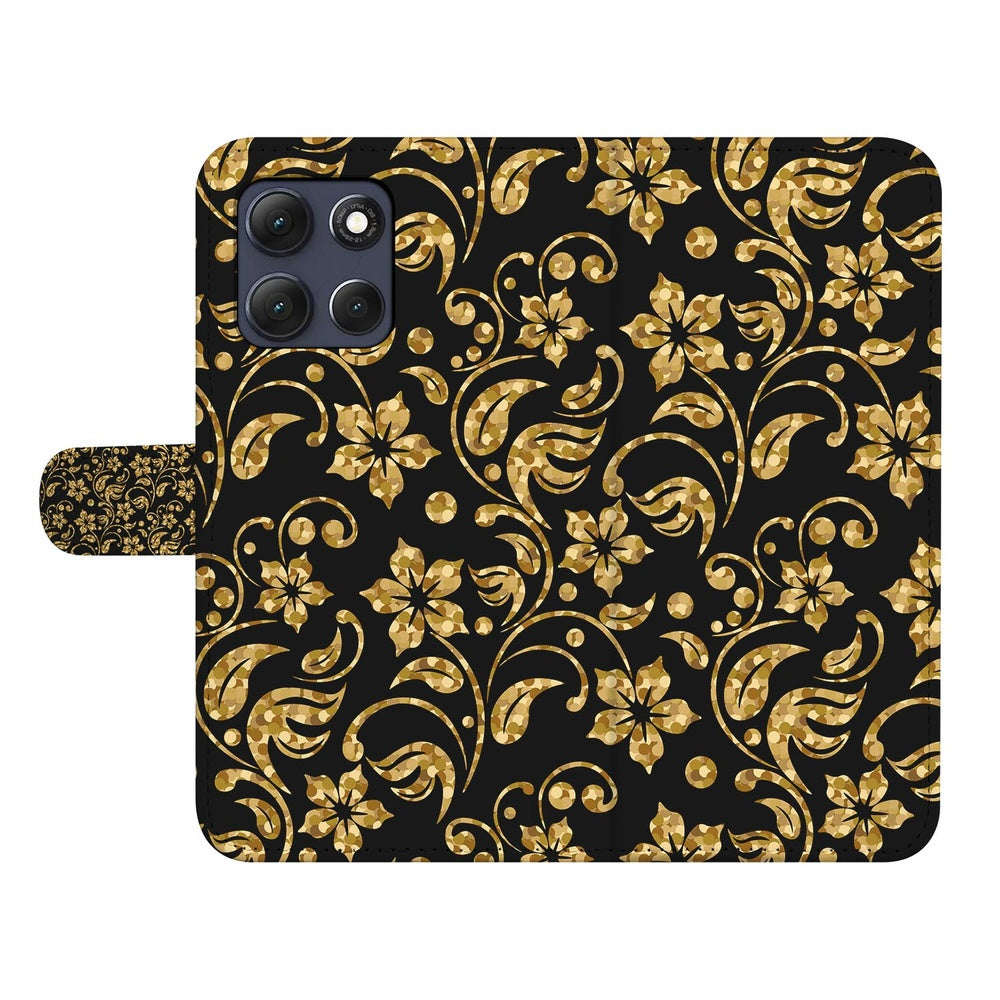Motorola Moto G86 Hoesje Gouden Bloemen Book Case Gouden Bloemen Vooraanzicht.