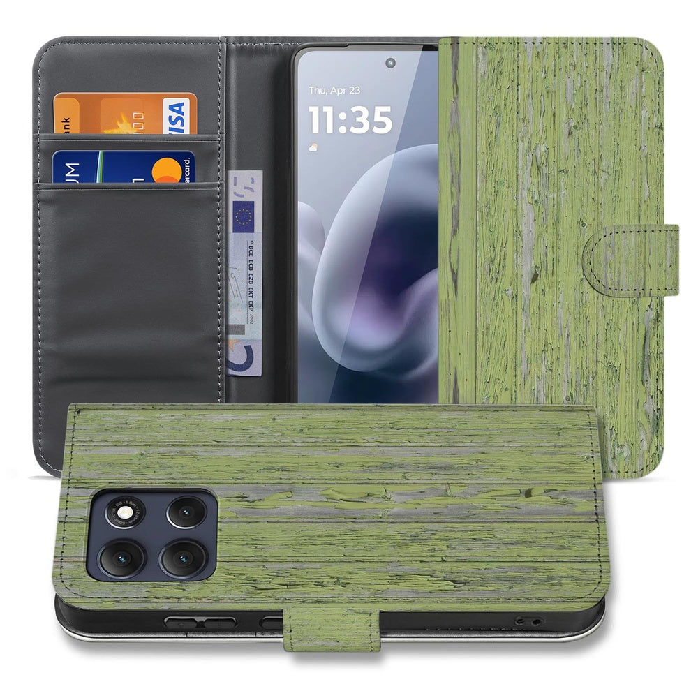 Motorola Moto G86 Bookcase Groen Houtnerf Vooraanzicht met Pasjes en Toestel.