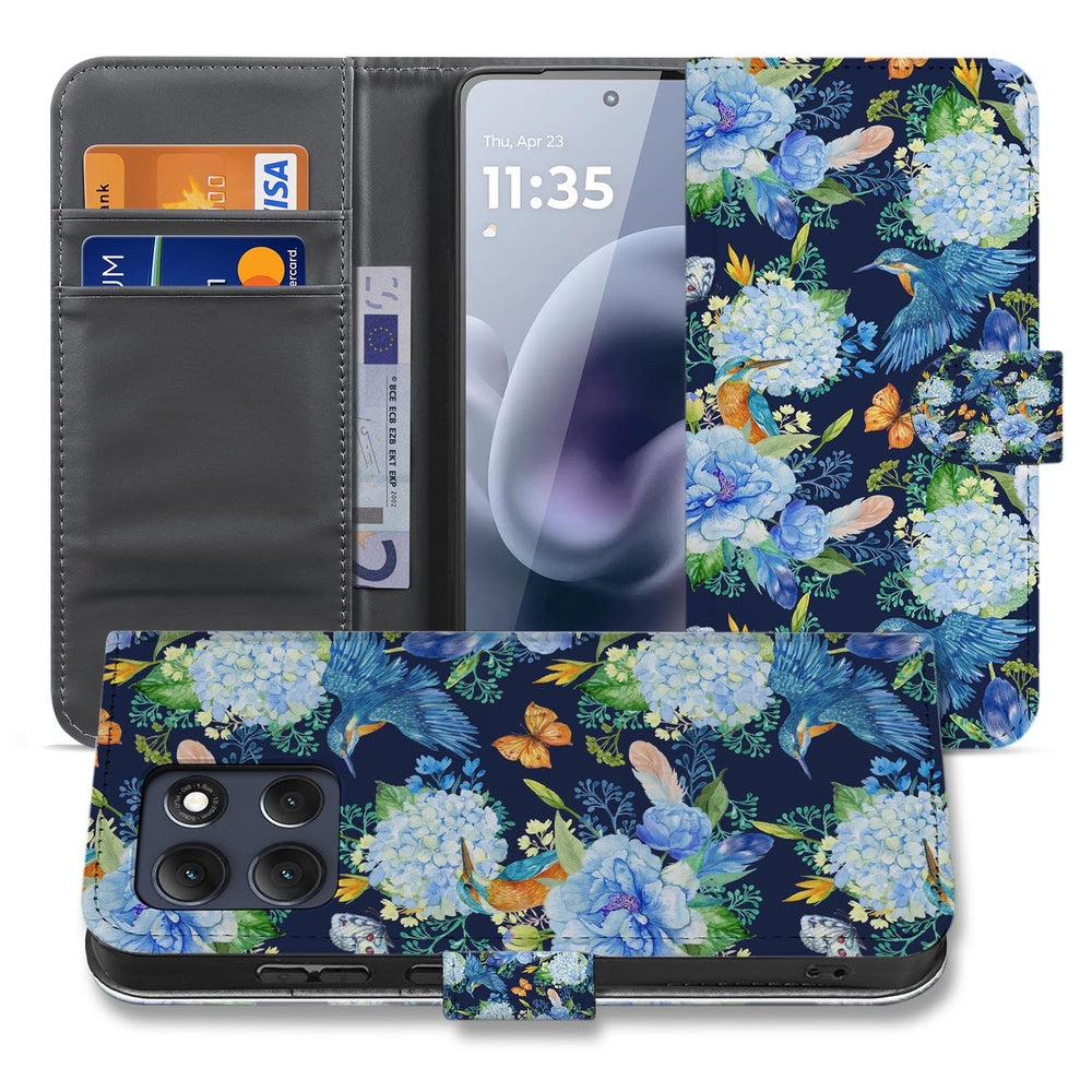 Motorola Moto G86 Telefoonhoesje Met Pasjes Ijsvogel vooraanzicht met bloemen en ijsvogelprint.