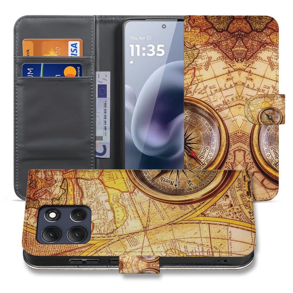Motorola Moto G86 Book Case Hoesje Kompas binnenkant met pasjes en kompasdesign.