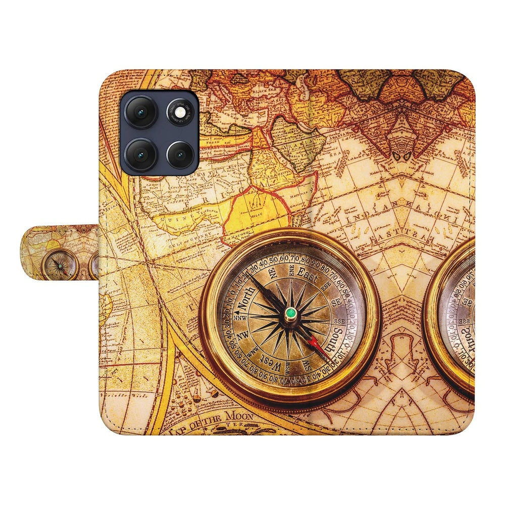 Motorola Moto G86 Book Case Hoesje Kompas kompasontwerp voorkant met kaart patroon.