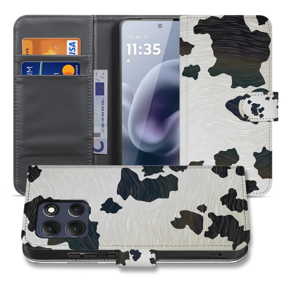 Motorola Moto G86 Book Case Hoesje Koeienvlekken Vooraanzicht binnenkant met pasjes.