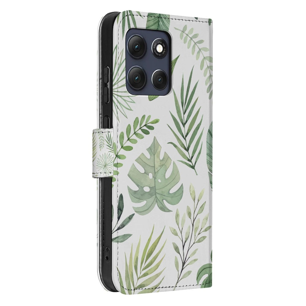 Motorola Moto G86 Book Case Bladeren Lichtgroen Wit portemonnee hoesje detail aanzicht.