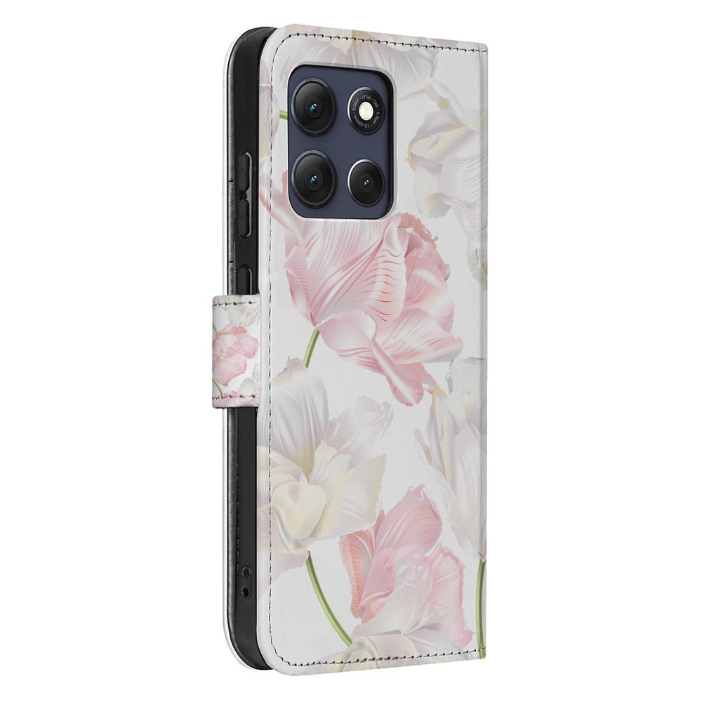 Motorola Moto G86 Book Case Hoesje Lovely Flowers Roze Wit zijkant view met bloemenprint.