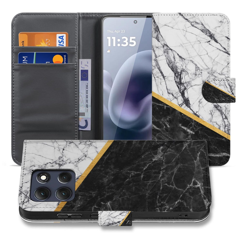 Motorola Moto G86 Bookcase Marmer Wit Zwart Gouden Lijn Voorzijde en Binnenkant met marmerpatroon en gouden lijn.