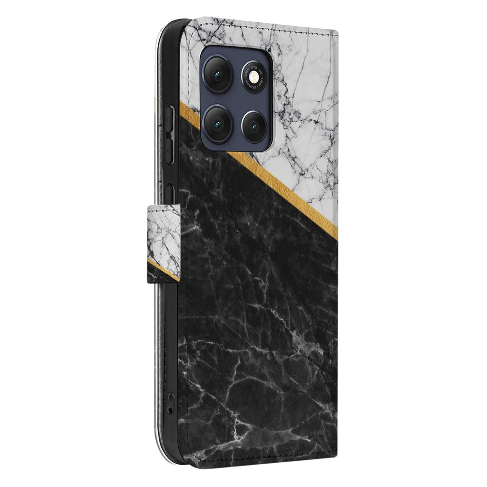 Motorola Moto G86 Bookcase Marmer Wit Zwart Gouden Lijn bookcase met marmerdesign vooraanzicht.