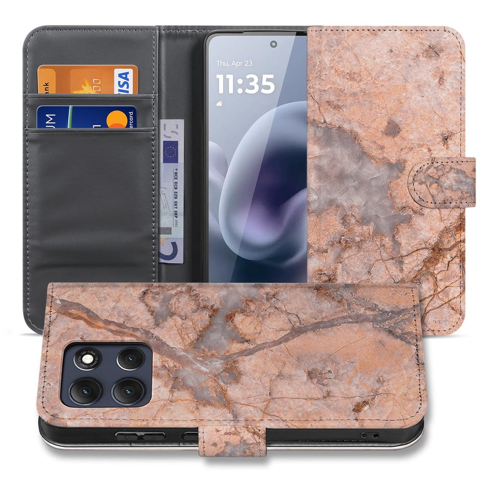 Motorola Moto G86 Bookcase Hoesje Marmer Oranje Voorkant en Binnenkant.