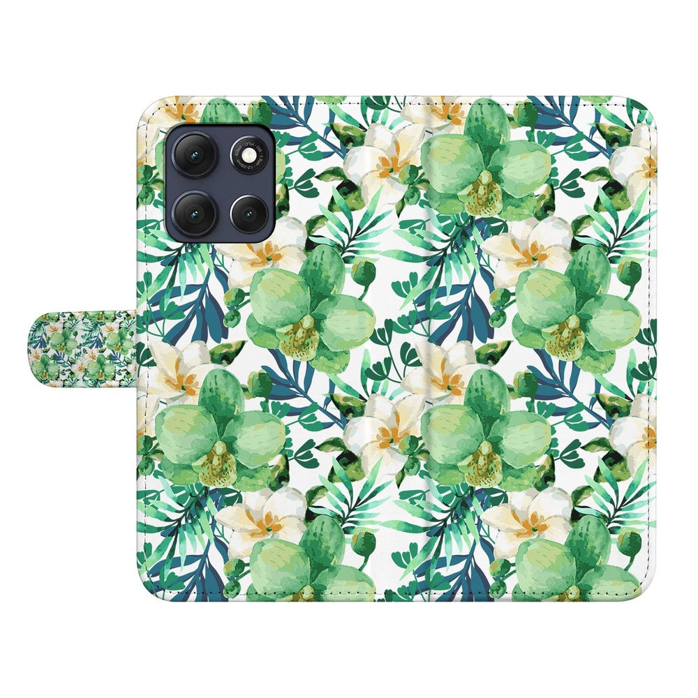 Motorola Moto G86 Book Case Orchidee Groen hoesje orchideeënprint voorkant.