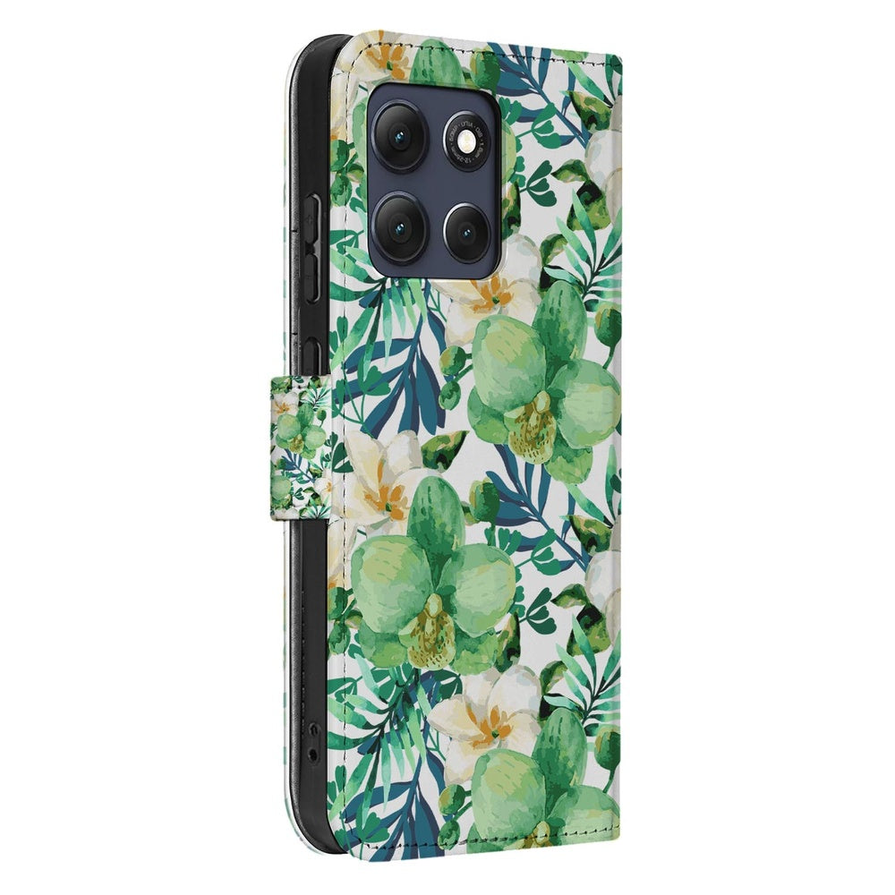 Motorola Moto G86 Book Case Orchidee Groen voorkant met orchideeënprint in groen en wit.