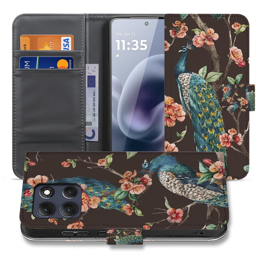 Motorola Moto G86 Bookcase Hoesje Pauw Bloemen Print Voorkant en binnenkant design met bloemen en pauw.