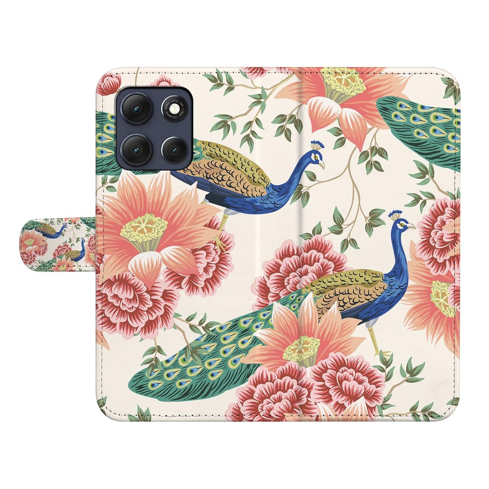 Motorola Moto G86 Portemonnee Hoesje Pink Peacock Voorkant met kleurrijke pauwen op bloemen.