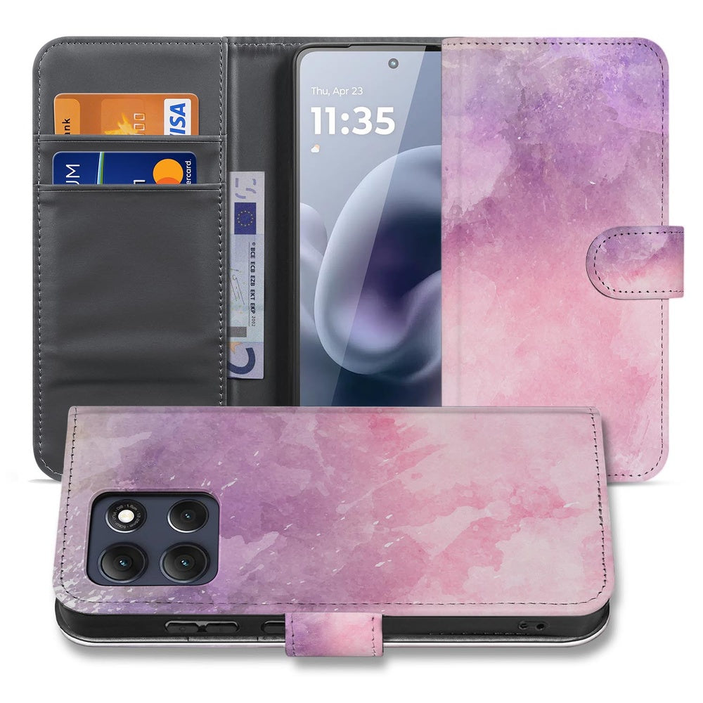 Motorola Moto G86 Bookcase Hoesje Roze Paars Paint Voorkant en binnenkant met pasjeshouder.