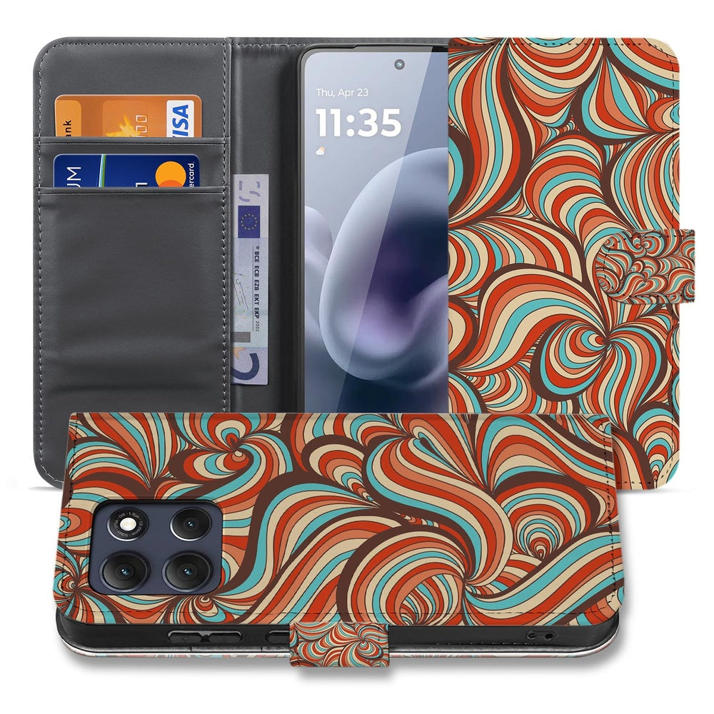 Motorola Moto G86 Book Case Hoesje Retro Retro patroon cognac turquoise bruin vooraanzicht.