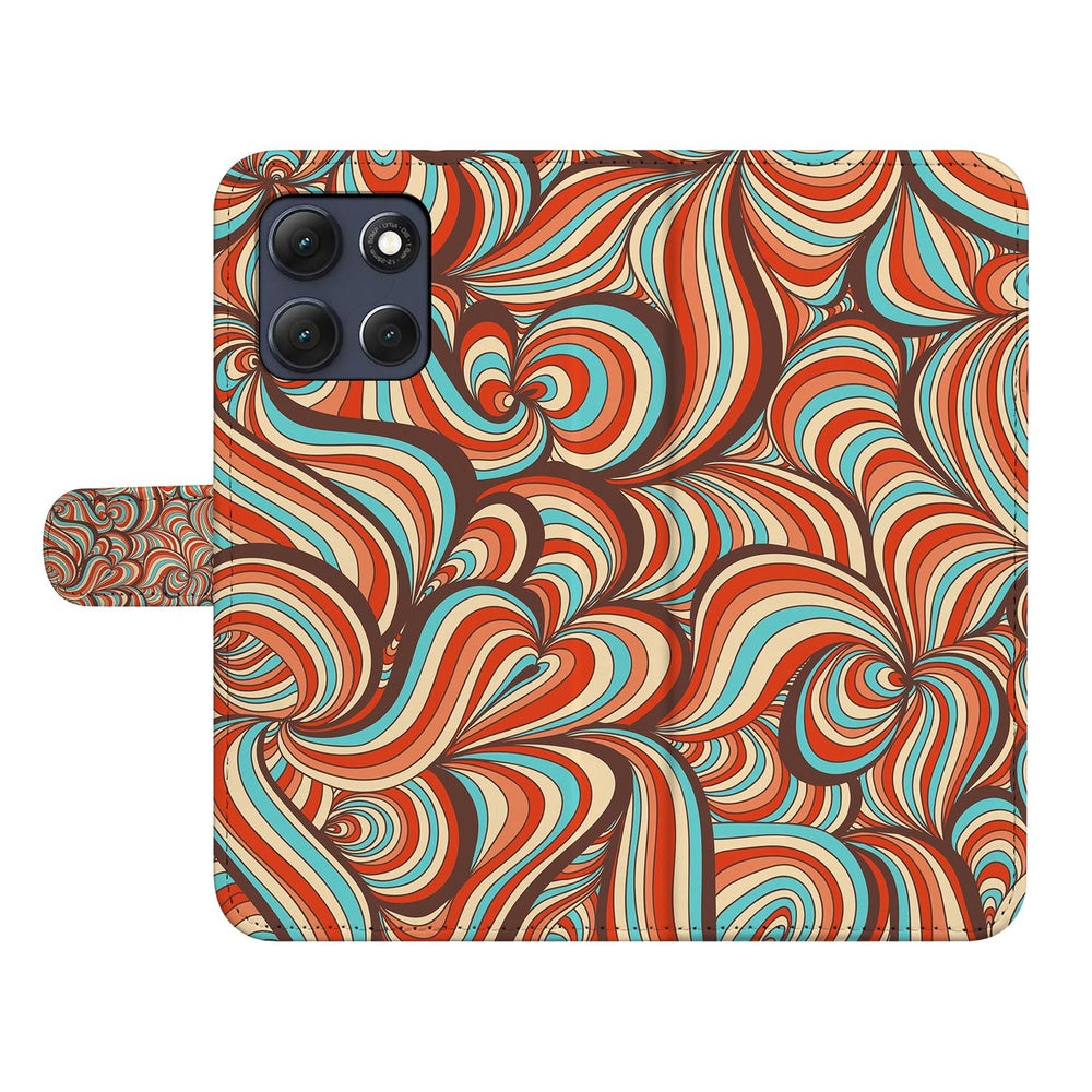 Motorola Moto G86 Book Case Hoesje Retro Retro patroon cognac turquoise bruin vooraanzicht.