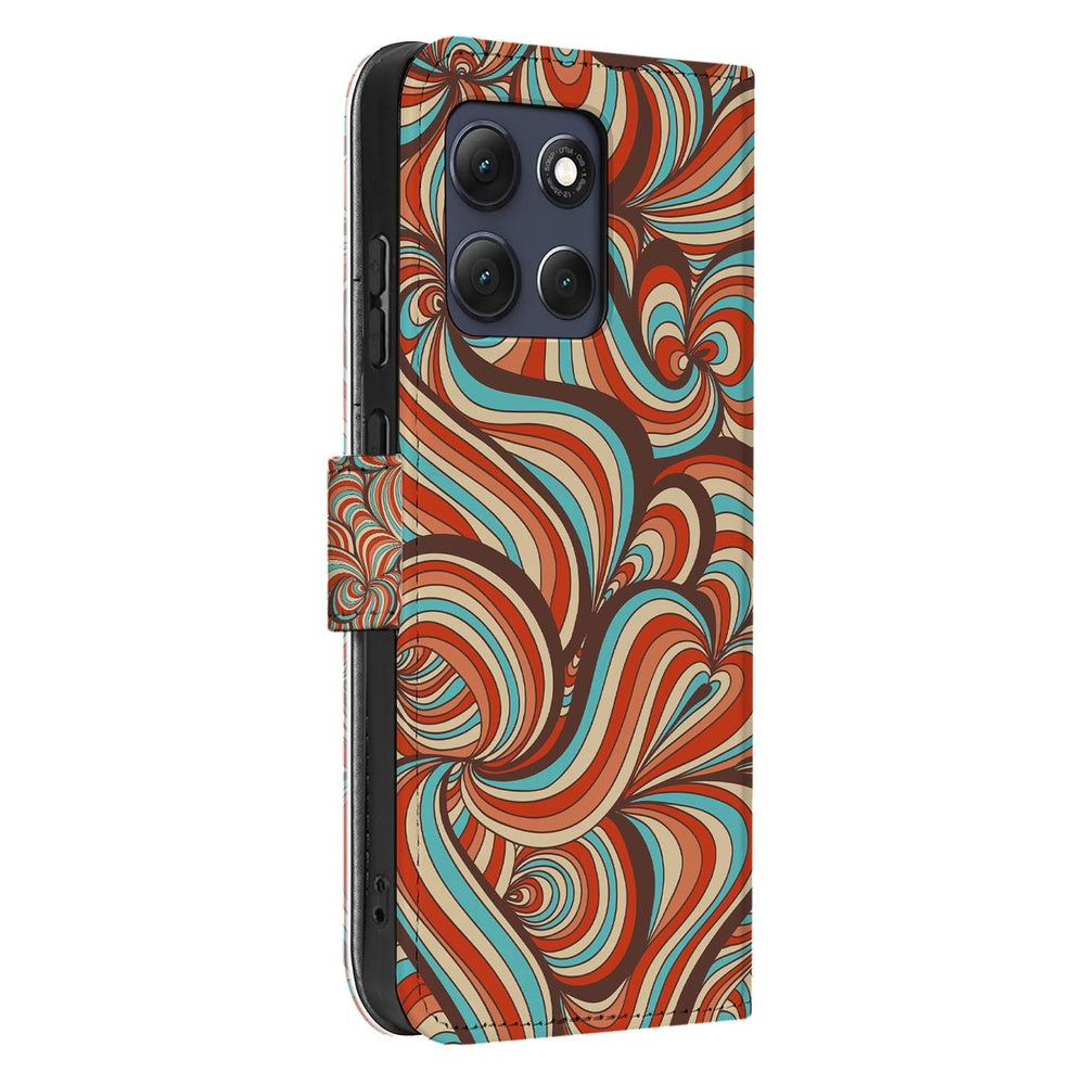 Motorola Moto G86 Book Case Hoesje Retro retro-patroon cognac turquoise bruin zijaanzicht.