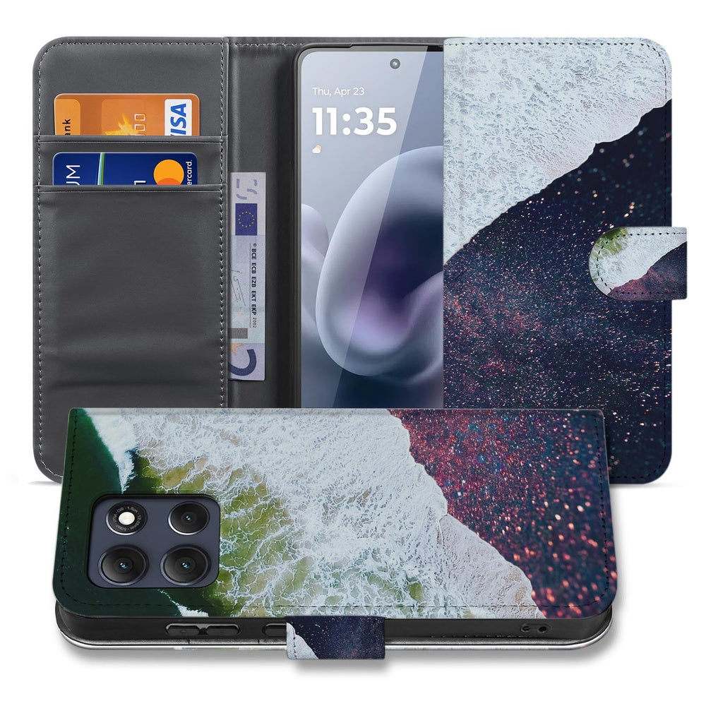 Motorola Moto G86 Book Case Sea in Space boekhoes maritiem design paars-wit vooraanzicht.