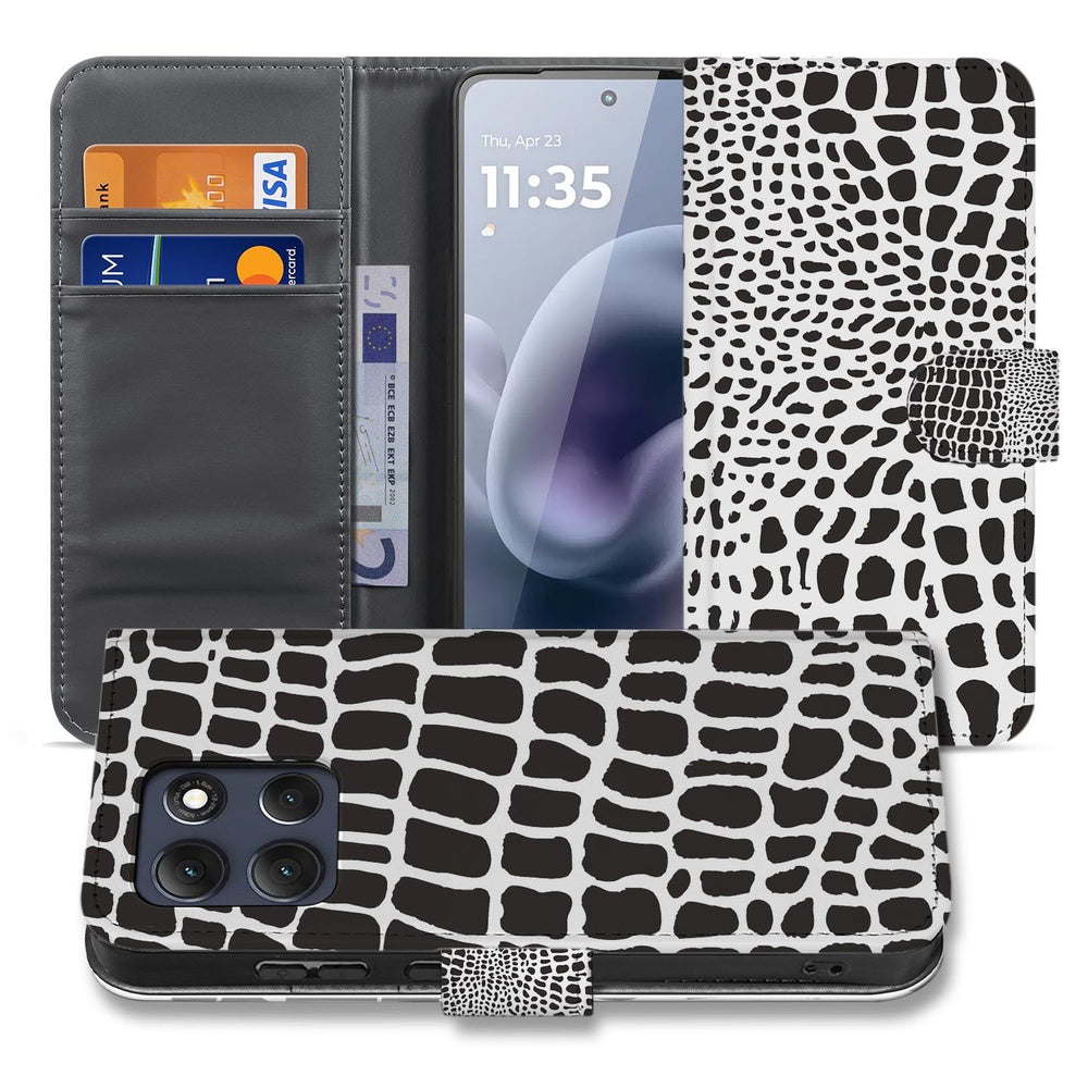Book Case Motorola Moto G86 Slangenprint zwart-witte print kunstleer vooraanzicht.