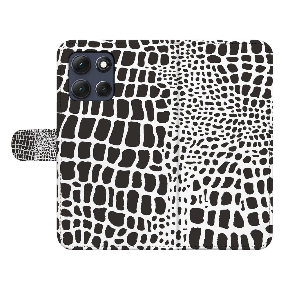 Motorola Moto G86 Book Case Slangenprint zwart-wit design frontaanzicht.