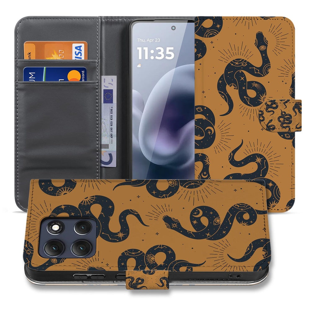 Motorola Moto G86 Telefoonhoesje Slangenontwerp Book Case zwart slangenprint met bruine kunstleer en grijze binnenzijde.