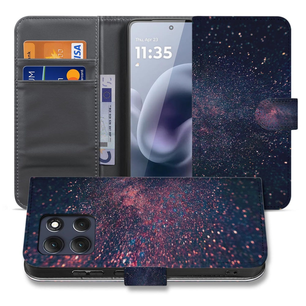Motorola Moto G86 Book Case Paars Blauw Glitter Sterren Aanzicht voorkant en binnenkant met sterrenprint.