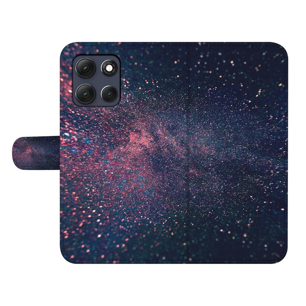 Motorola Moto G86 Book Case Paars Blauw Glitter Sterren Design sterrenhemel Aanzicht boven.