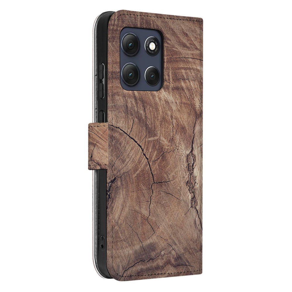 Motorola Moto G86 Book Case Boomstam Bruin zijkant met natuurlijke houtnerf uitstraling.