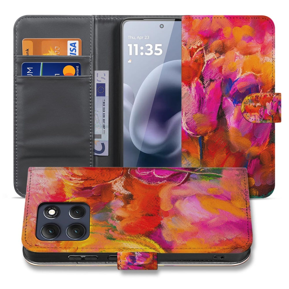Motorola Moto G86 Bookcase Hoesje Tulips design kleurrijk uitzicht.
