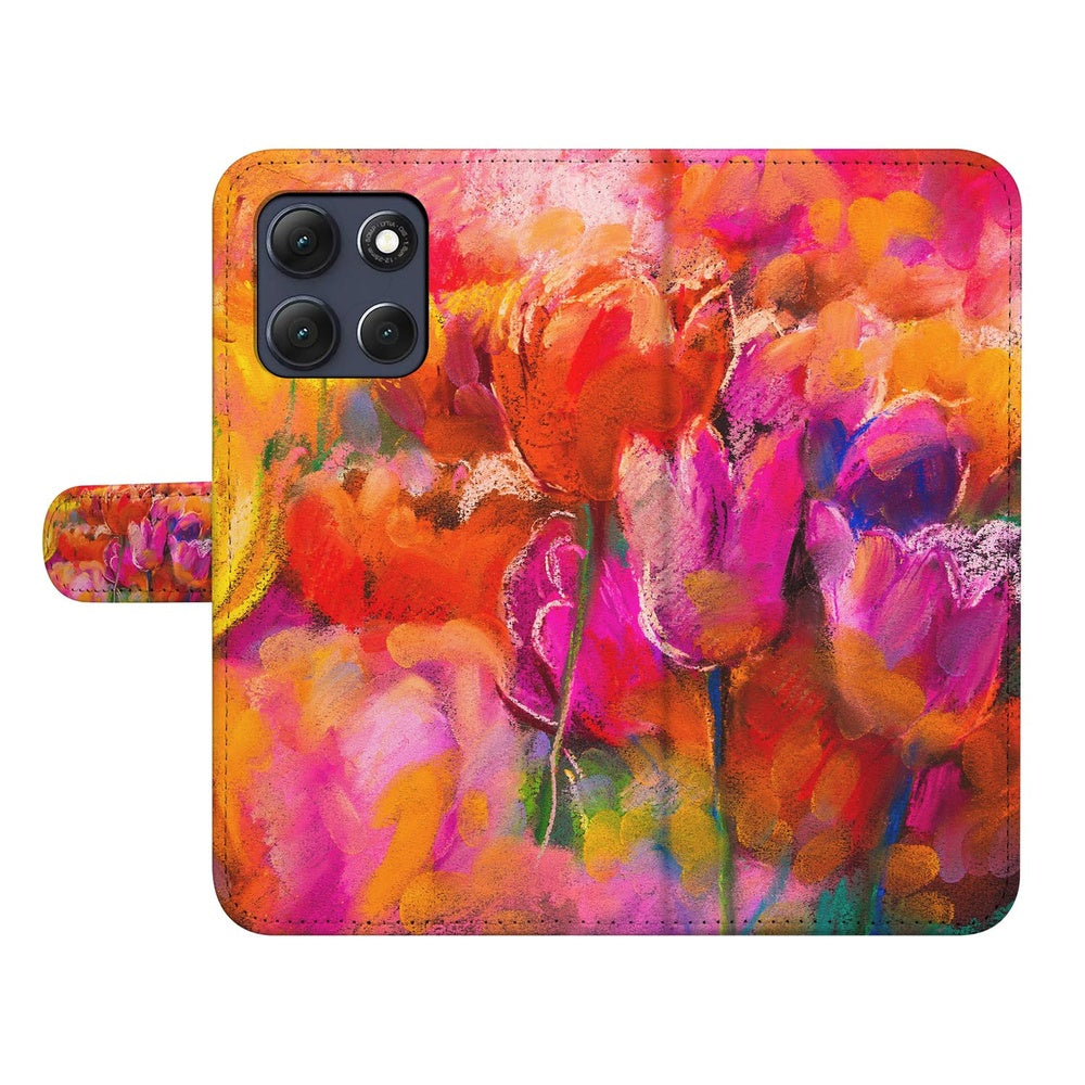 Motorola Moto G86 Bookcase Hoesje Tulips Aanzicht met kleurrijke tulpenprint in rood en roze tinten.