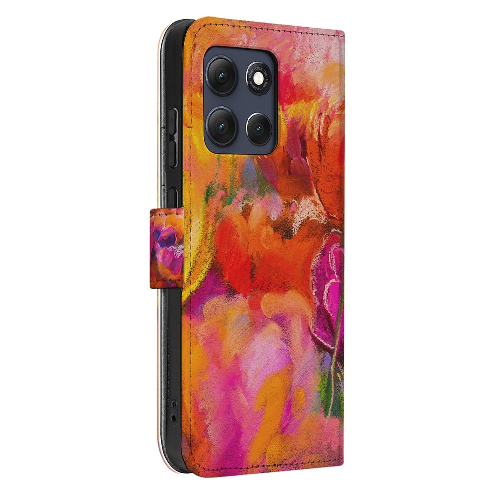 Motorola Moto G86 Bookcase Hoesje Tulips kleurrijk ontwerp zijkant.