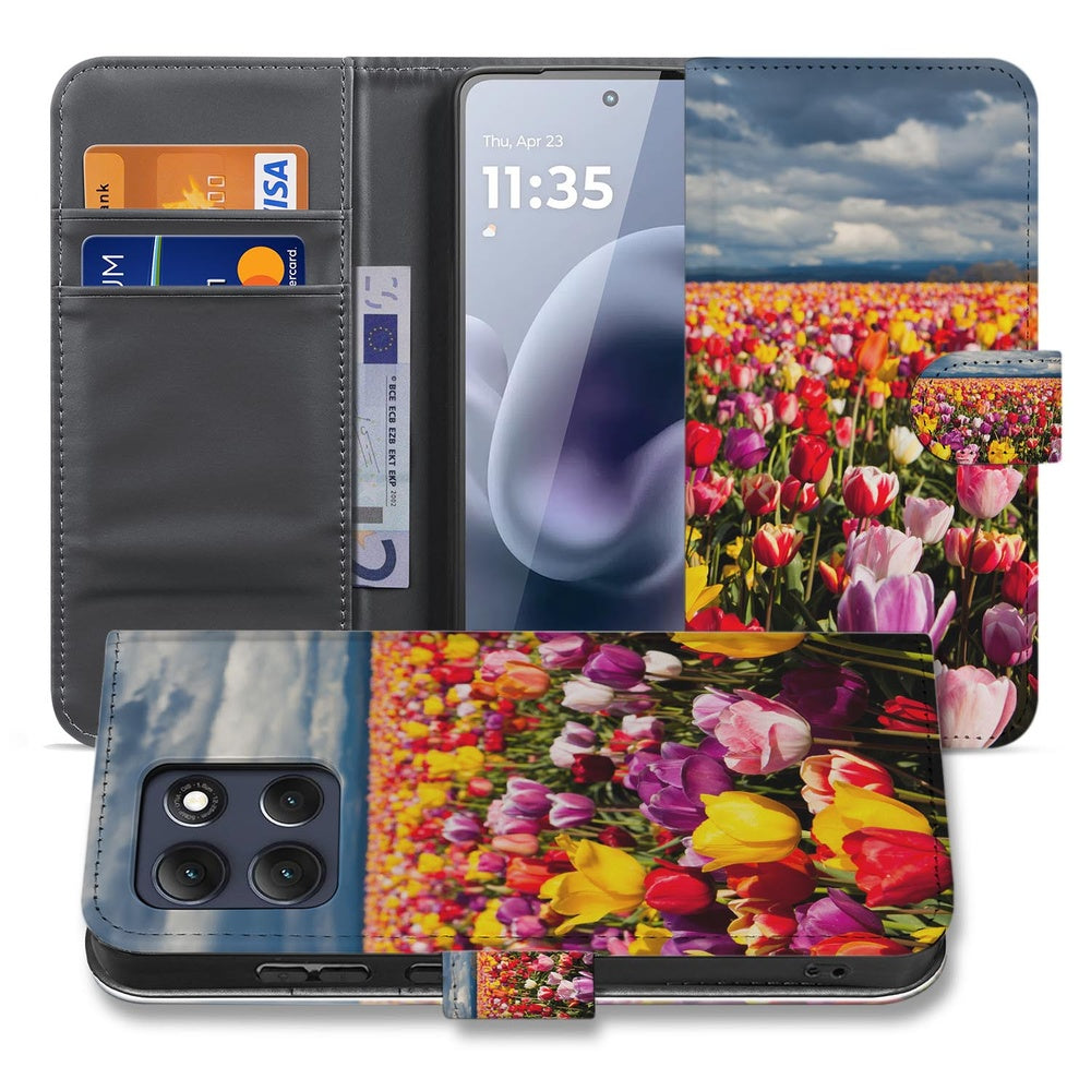 Motorola Moto G86 Portemonnee Hoesje Tulpen Motief kleurrijk design achteraanzicht.