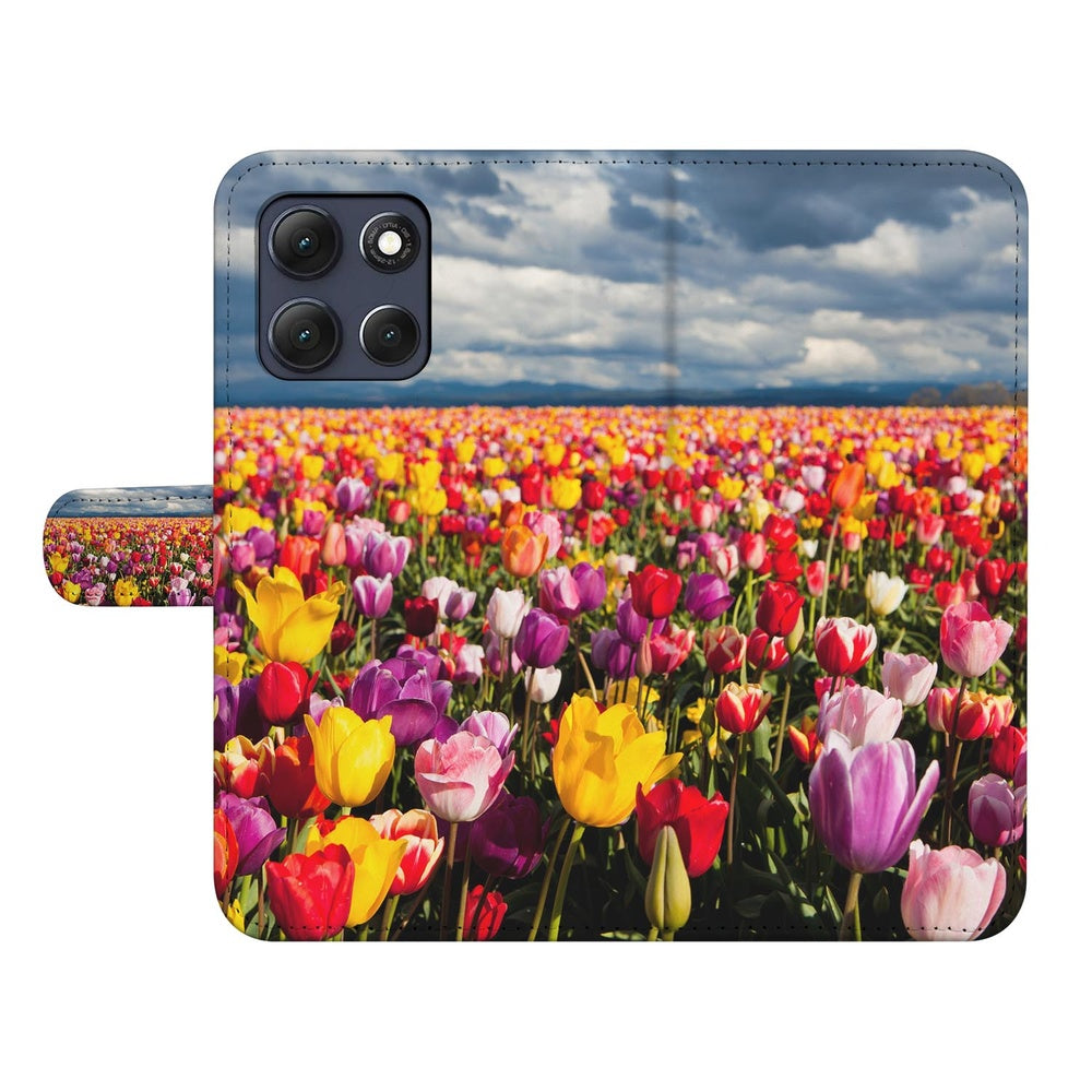 Motorola Moto G86 Portemonnee Hoesje Tulpen Motief kleurrijke tulpenprint kunstleer voorzijde.