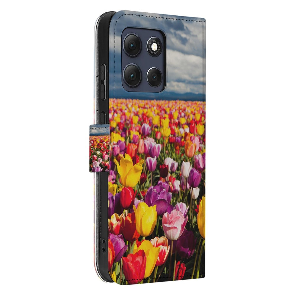 Motorola Moto G86 Portemonnee Hoesje Tulpen Motief kleurrijk design tulpenprint zijaanzicht.