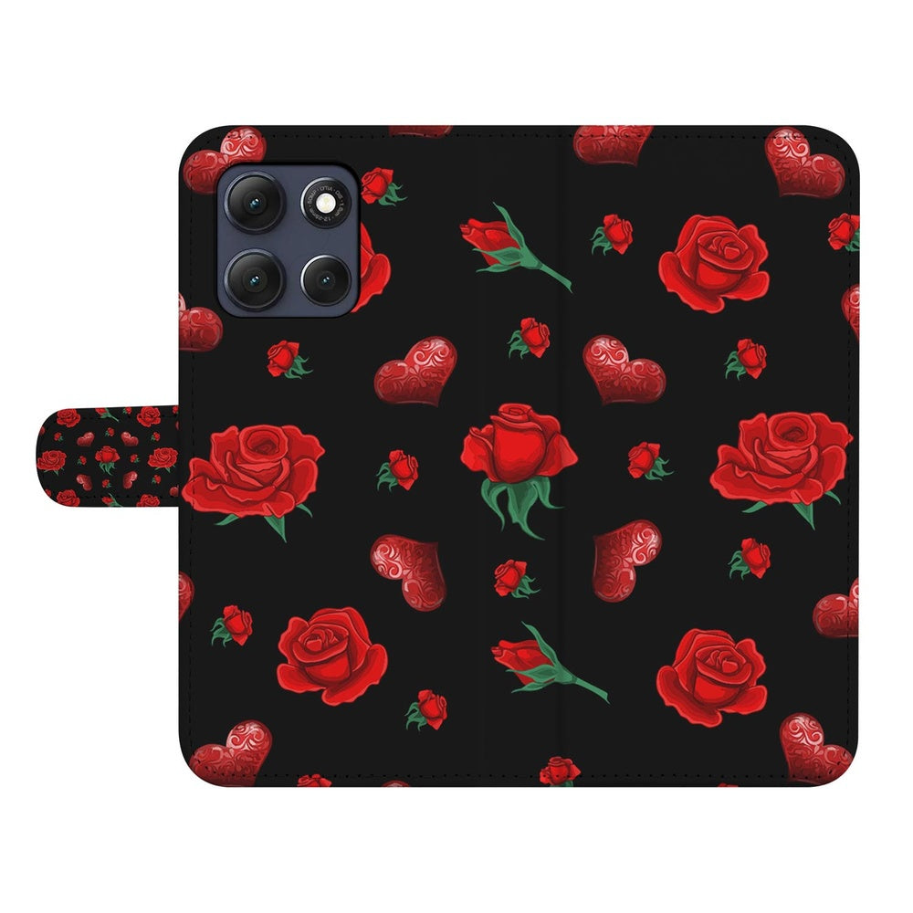 Motorola Moto G86 Book Case Hoesje Valentine rozenprint zwart frontaanzicht.