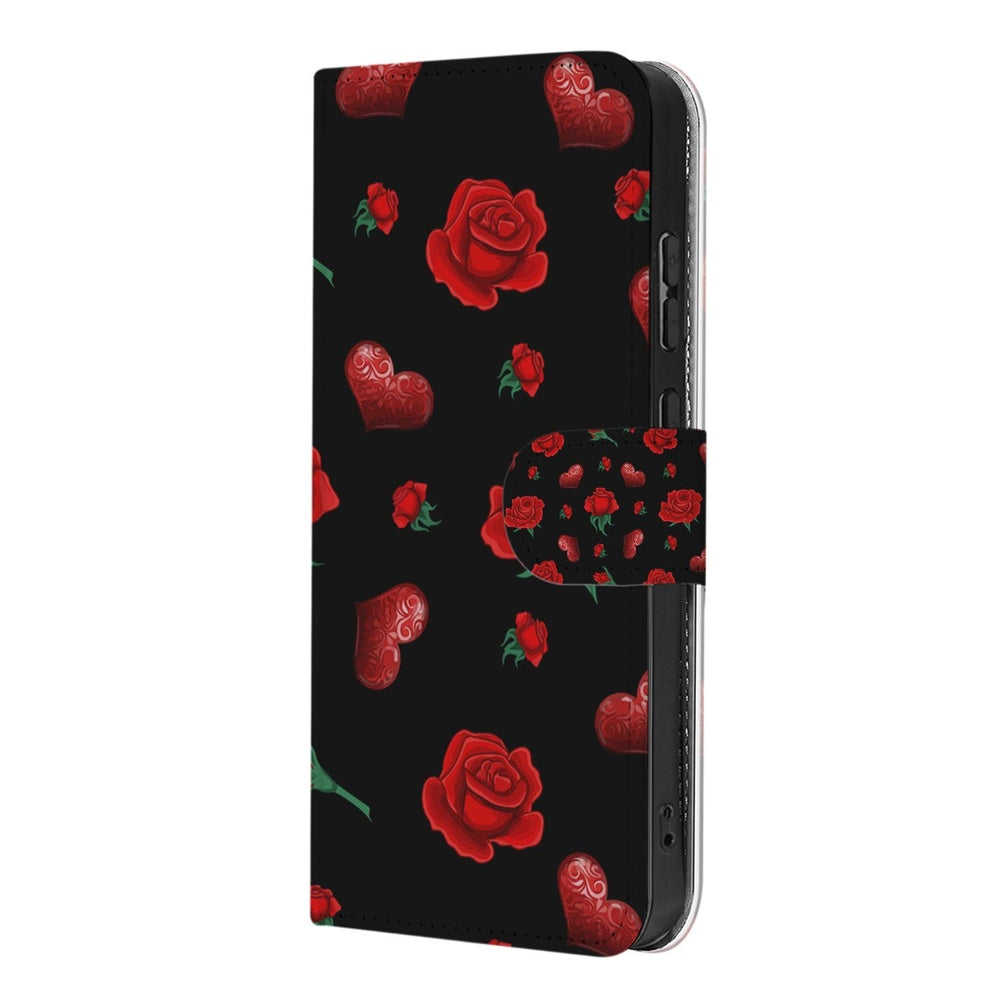Motorola Moto G86 Book Case Hoesje Valentine rozenprint zwart rechtshandig aanzicht.