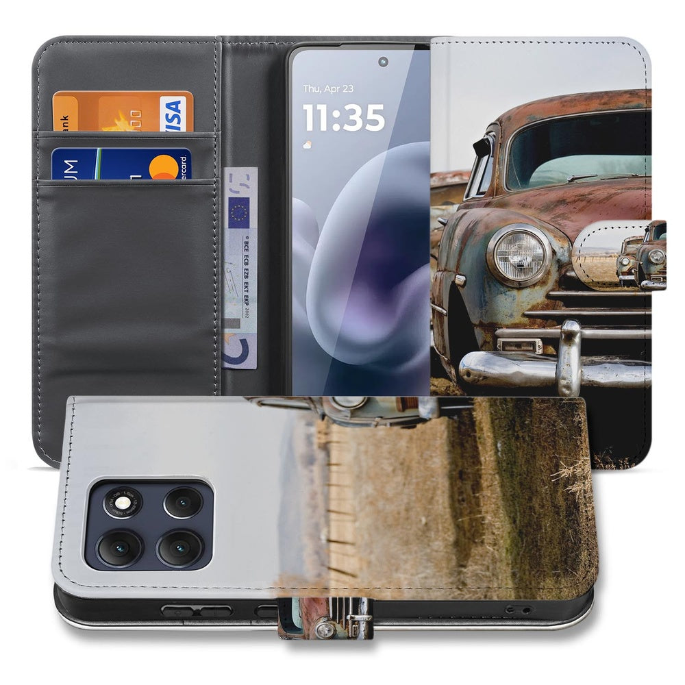 Motorola Moto G86 Book Case Vintage Auto kunstleer bruin grijs binnenkant.