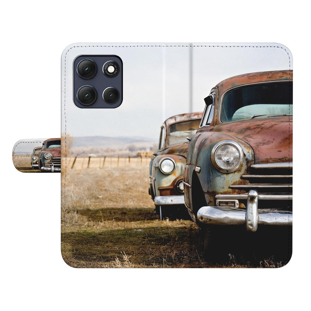 Motorola Moto G86 Book Case Vintage Auto Vintage Auto print bruin grijs voorkant.