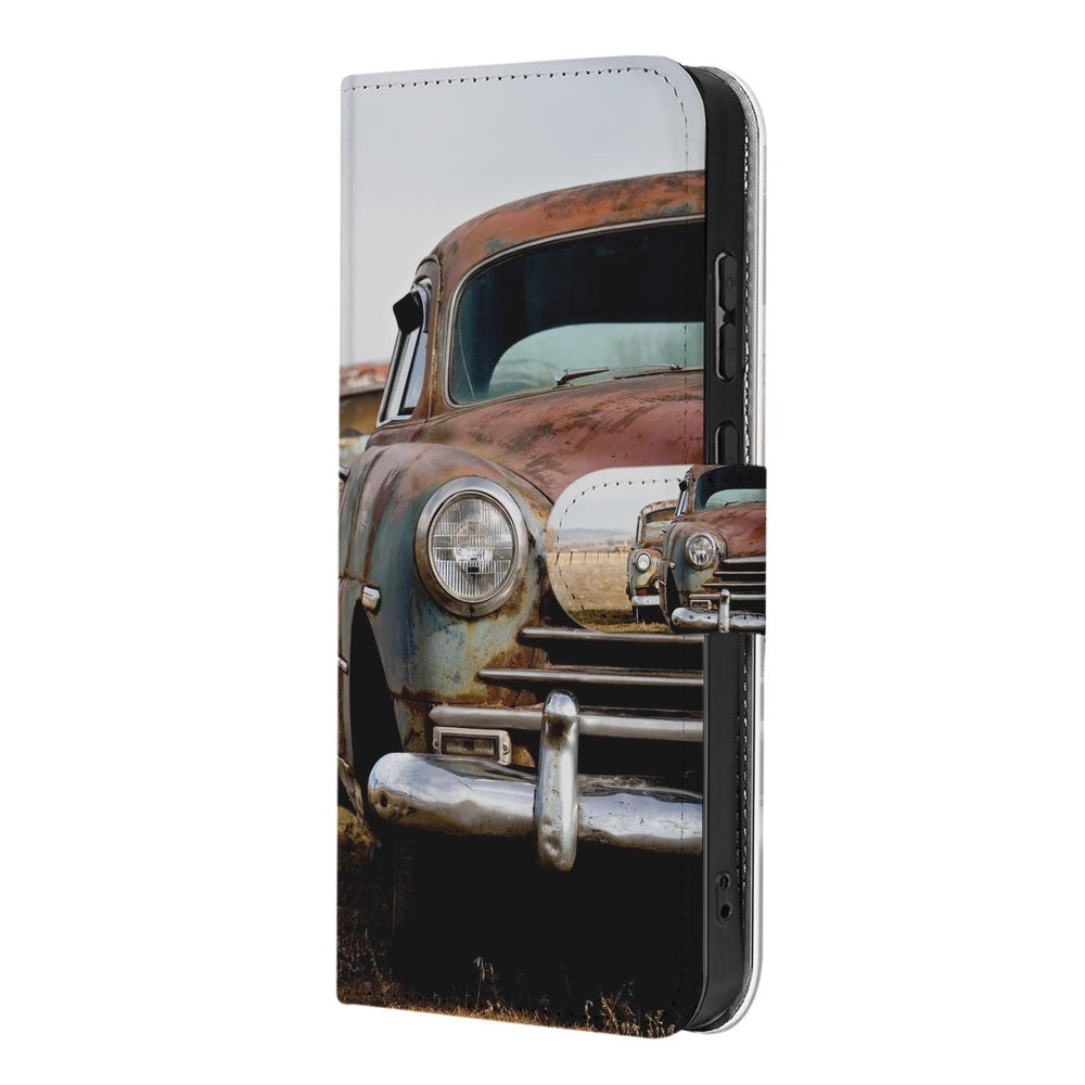 Motorola Moto G86 Book Case Vintage Auto print zijaanzicht.
