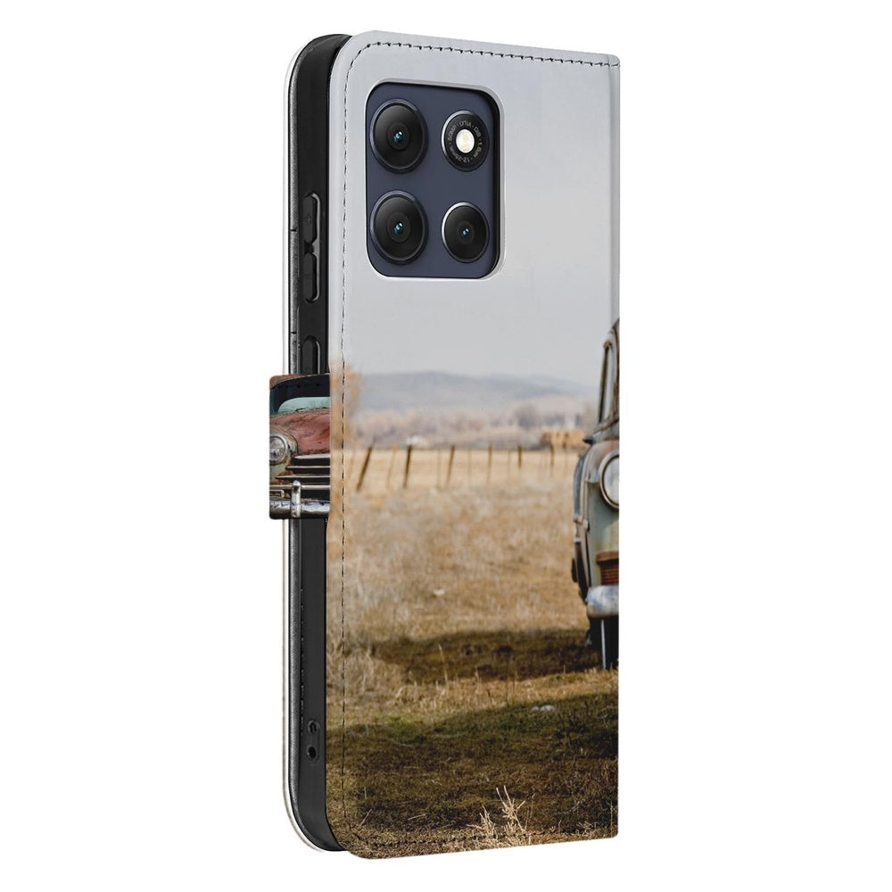 Motorola Moto G86 Book Case Vintage Auto print zijaanzicht.