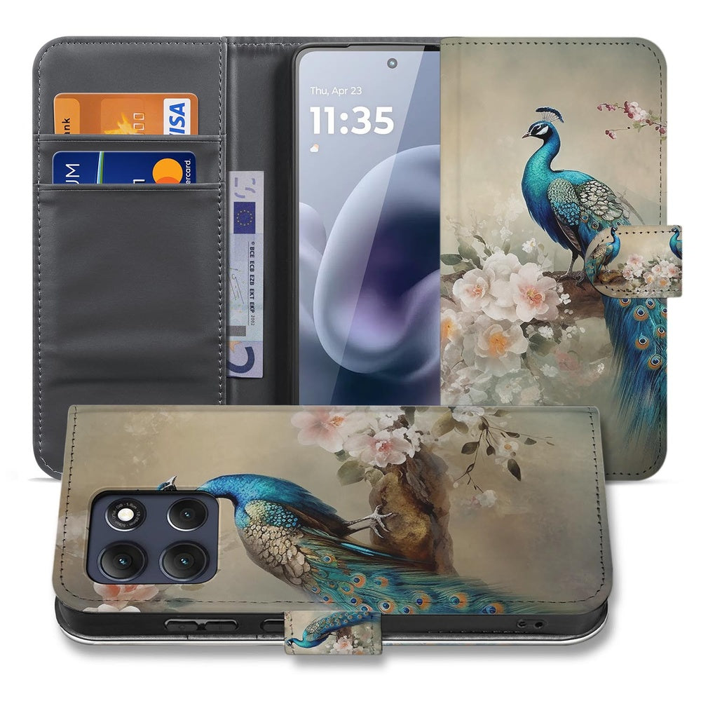 Motorola Moto G86 Plus Telefoonhoesje Met Pasjes Vintage Pauw Design Aanzicht voorkant en binnenkant.