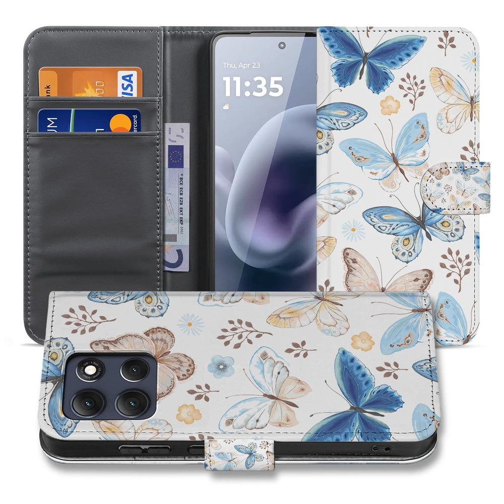 Motorola Moto G86 Wallet Hoesje Vlinder vlinderdesign blauw bruin binnenkant met kaartvak.