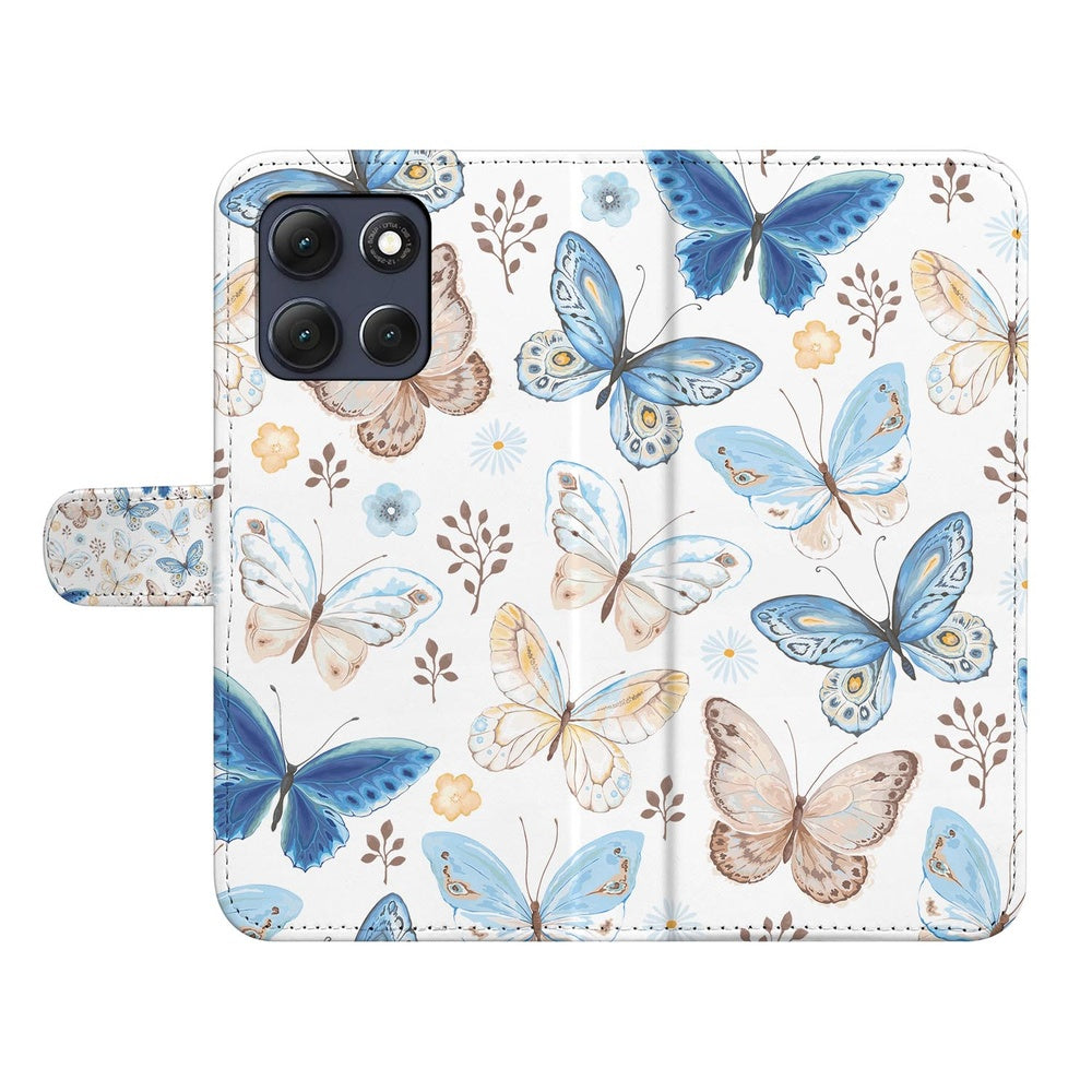 Motorola Moto G86 Wallet Hoesje Vlinder vlinderdesign wit blauw bruin bovenaanzicht.