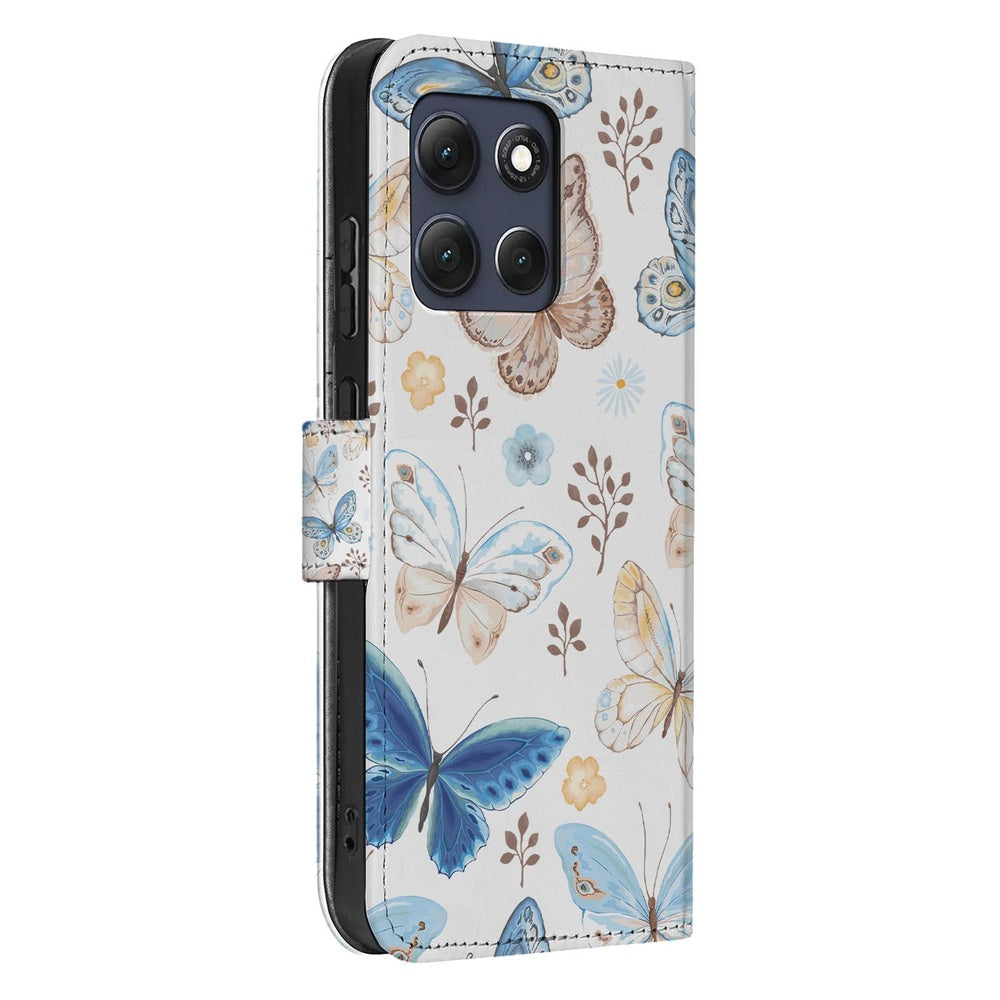 Motorola Moto G86 Wallet Hoesje Vlinder vlinderdesign blauw bruin zijaanzicht.