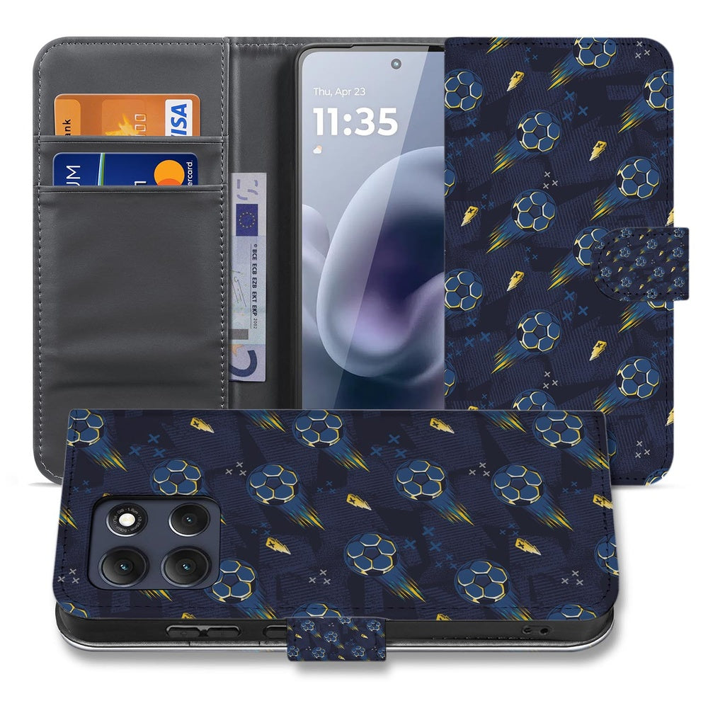 Motorola Moto G86 Bookcase Hoesje Voetbal Design Voorkant Aanzicht Voetbalprint Blauwe achtergrond.